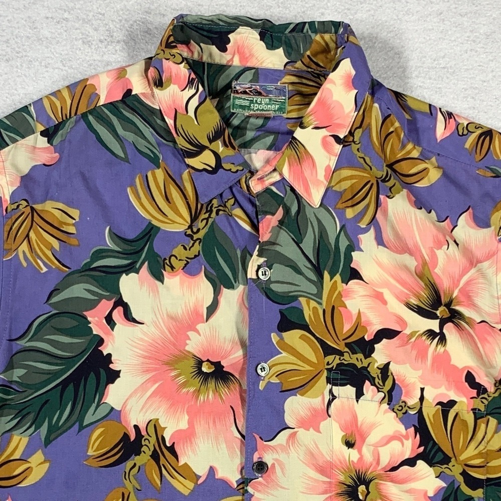 VTG Reyn Spooner Shirt Men's XL Purple Rayon Hawaiian Aloha Floral Print 80s 90s - Picture 2 of 7